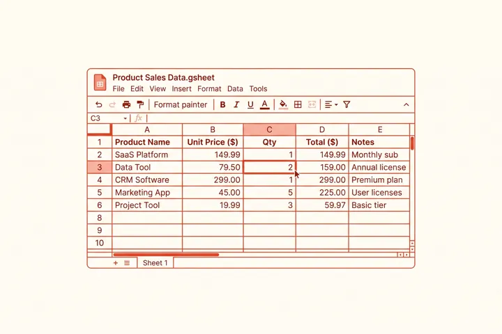 A Google Sheet of products and prices